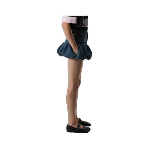 Gathered-Hem Denim Mini Skirt