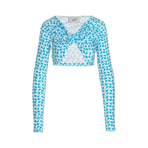 Patterned Ruched Long-Sleeved Cropped Top