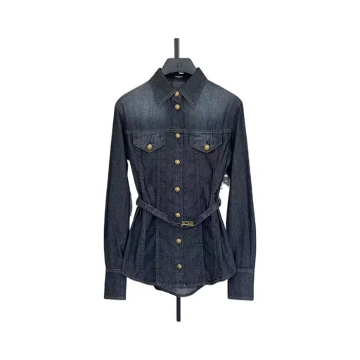 Belted Button-Up Denim Shirt