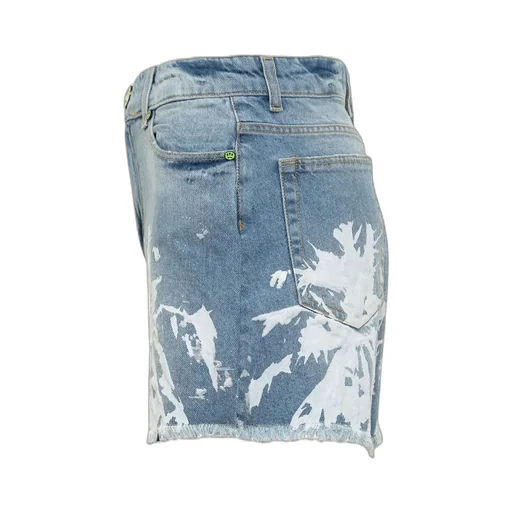 Abstract Printed Fringed Denim Shorts