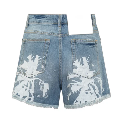 Abstract Printed Fringed Denim Shorts