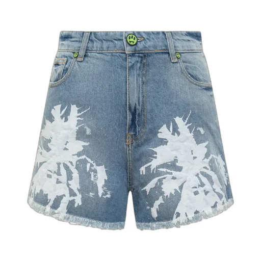 Abstract Printed Fringed Denim Shorts