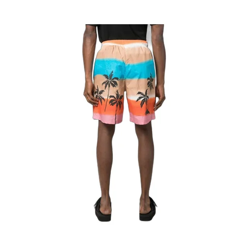 Palm-Tree Printed Striped Bermuda Shorts