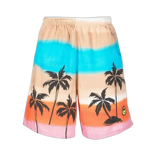 Palm-Tree Printed Striped Bermuda Shorts