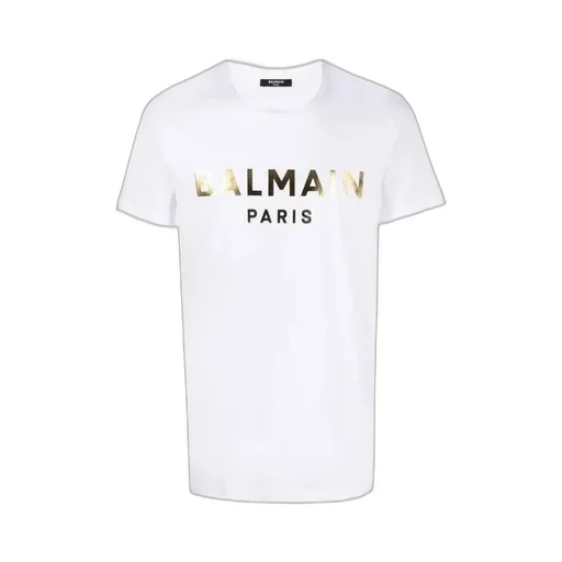 White Cotton T-Shirt With Gold Balmain Paris Logo Print