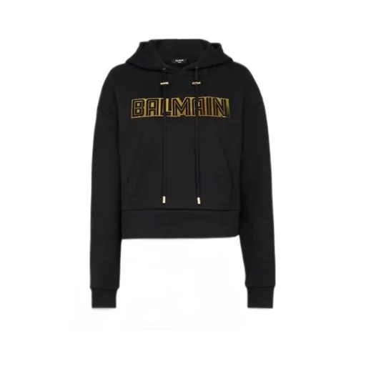 Cropped Black Cotton Sweatshirt With Gold Balmain Logo