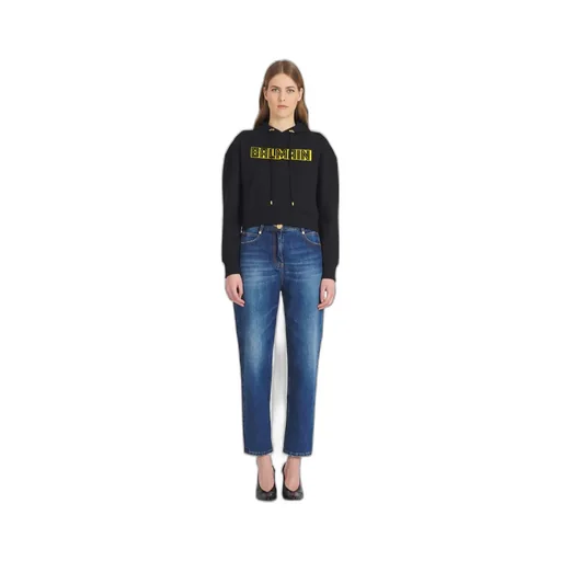 Cropped Black Cotton Sweatshirt With Gold Balmain Logo