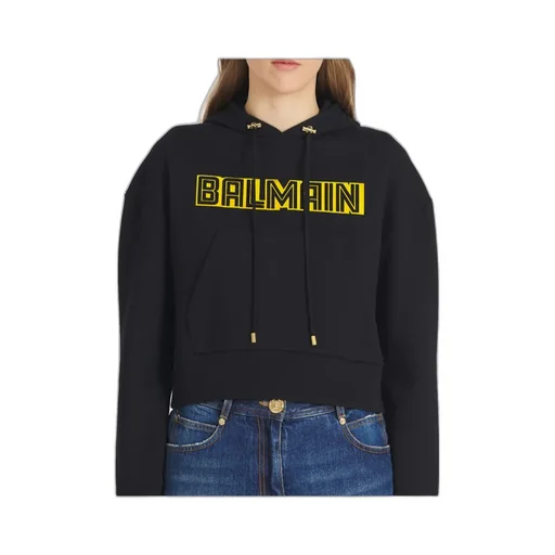 Cropped Black Cotton Sweatshirt With Gold Balmain Logo