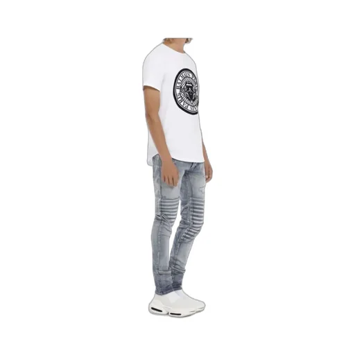 Cotton T-Shirt With Flocked Black Velvet Balmain Medallion