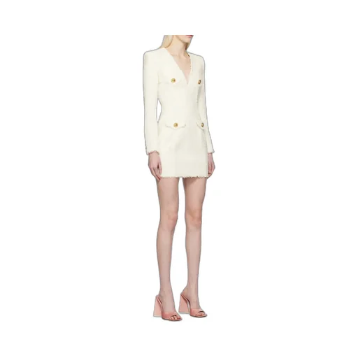 Long Sleeved Button-Detailed Tweed Dress