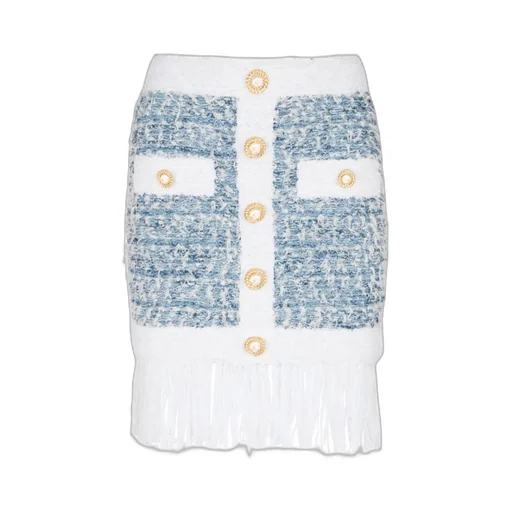 Buttoned Denim Fringed Tweed Mini Skirt