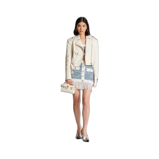 Buttoned Denim Fringed Tweed Mini Skirt