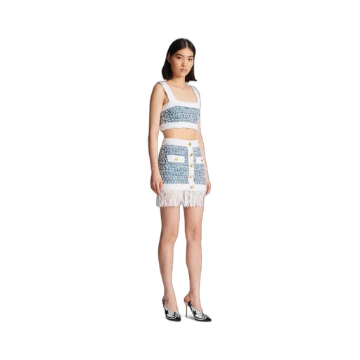 Buttoned Denim Fringed Tweed Mini Skirt