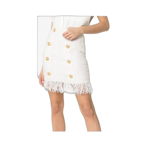 Tweed Shredded Hem Gold Tone Button Skirt