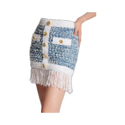 Buttoned Denim Fringed Tweed Mini Skirt