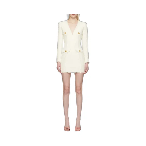 Long Sleeved Button-Detailed Tweed Dress