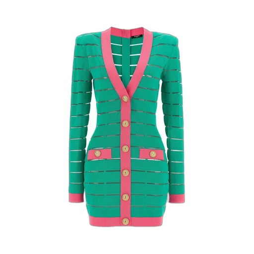 Button-Embellishment V-Neck Knitted Mini Dress