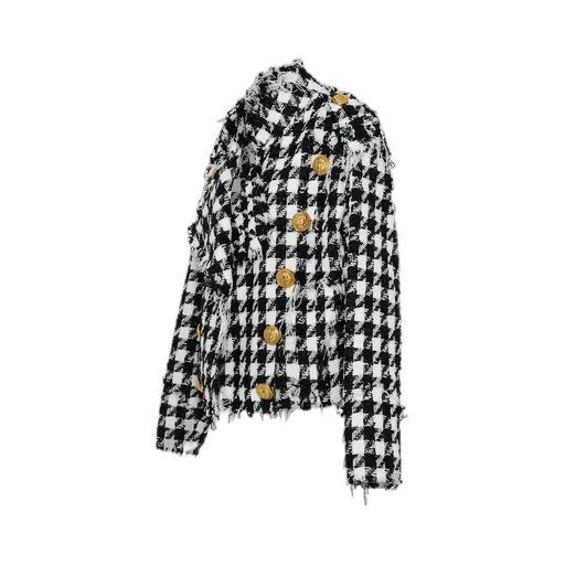 Houndstooth Pattern Frayed Tweed Jacket