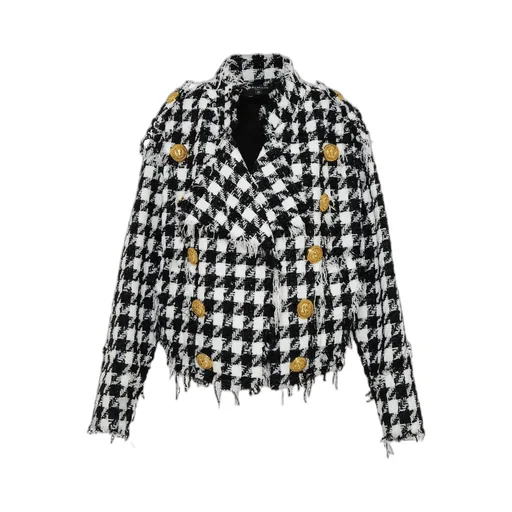 Houndstooth Pattern Frayed Tweed Jacket