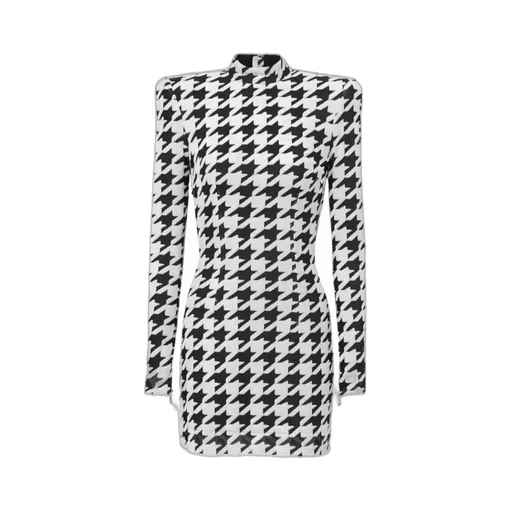 Short Houndstooth Print Velvet Dress