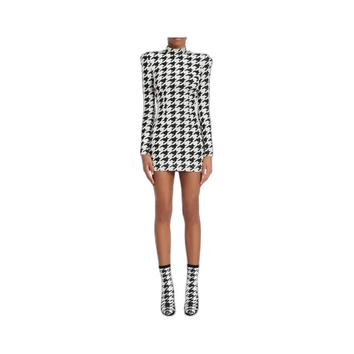Short Houndstooth Print Velvet Dress