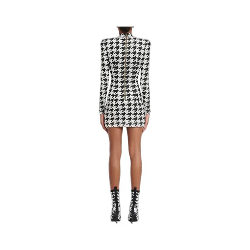 Short Houndstooth Print Velvet Dress