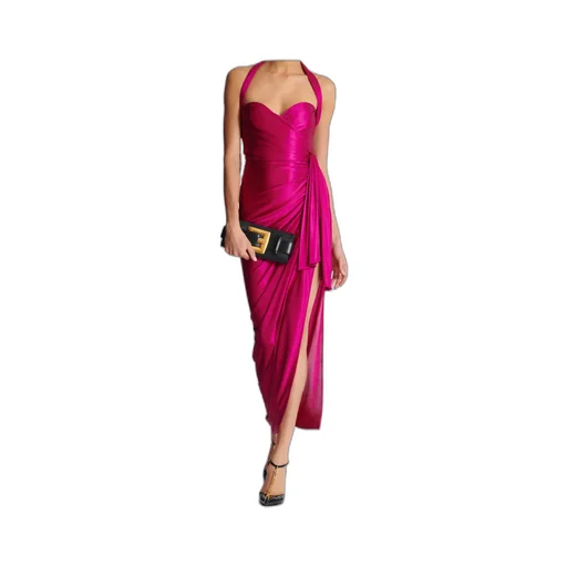 Draped Front Slit Jersey Midi Dress