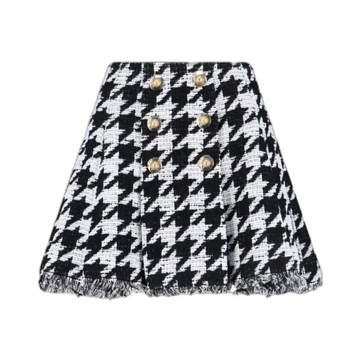 Button Embellished Houndstooth Tweed Mini Skirt