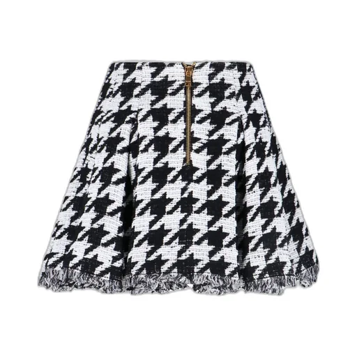 Button Embellished Houndstooth Tweed Mini Skirt