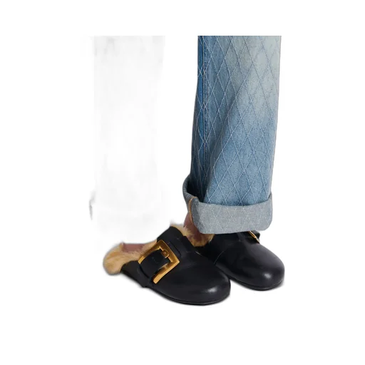 Flat Leather And Faux Fur Mules