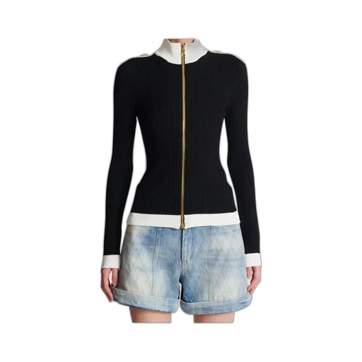Zipped High-Neck Knit Cardigan