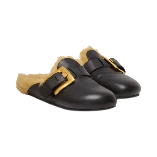 Flat Leather And Faux Fur Mules