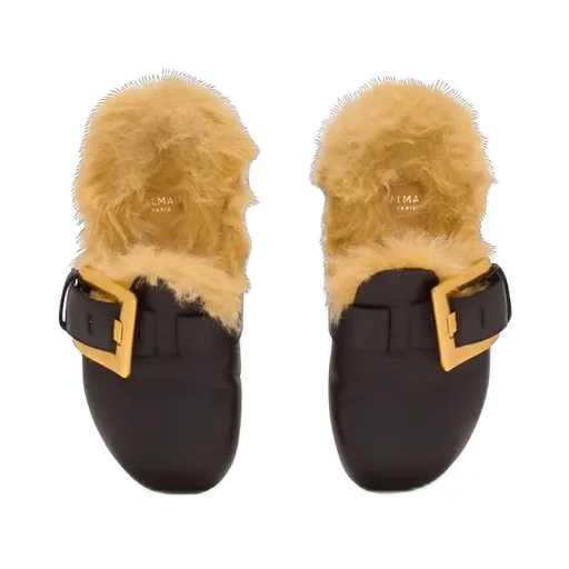 Flat Leather And Faux Fur Mules