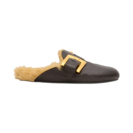 Flat Leather And Faux Fur Mules