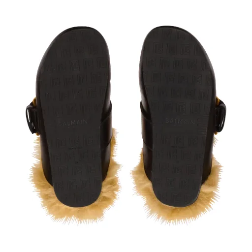 Flat Leather And Faux Fur Mules