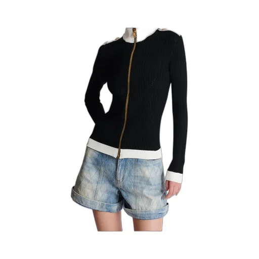 Zipped High-Neck Knit Cardigan