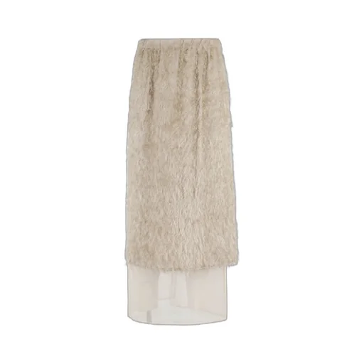 Elasticated-Waistband Layered Fringed Midi Skirt
