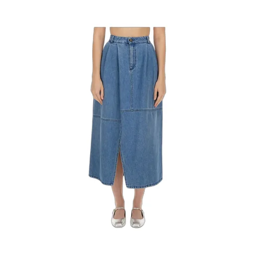 Slit-Detailed Pleated Denim Skirt