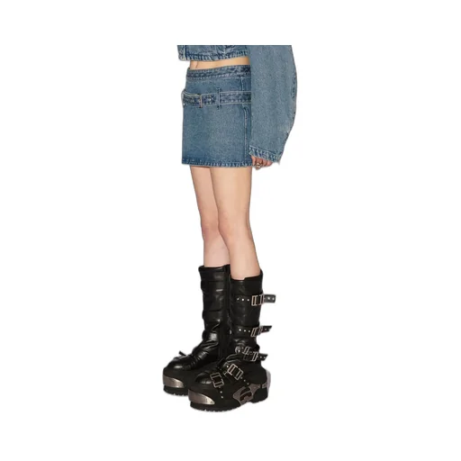 Belted Straight Hem Denim Mini Skirt