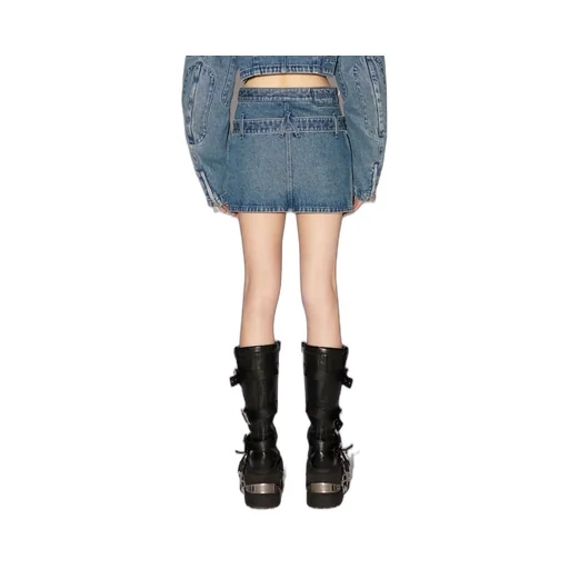 Belted Straight Hem Denim Mini Skirt