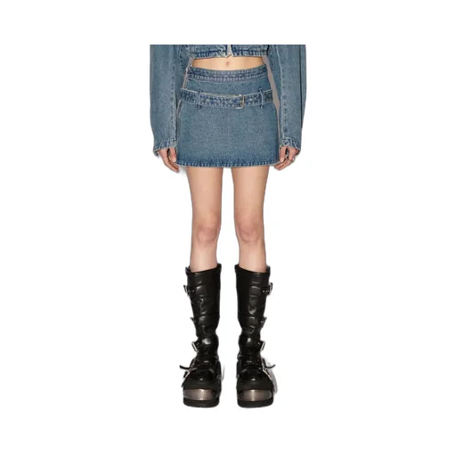 Belted Straight Hem Denim Mini Skirt