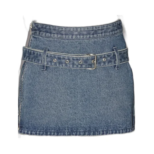 Belted Straight Hem Denim Mini Skirt