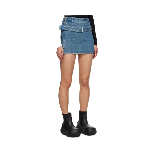 Belted Straight Hem Denim Mini Skirt