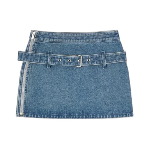 Belted Straight Hem Denim Mini Skirt