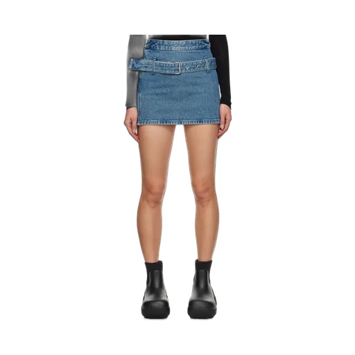 Belted Straight Hem Denim Mini Skirt