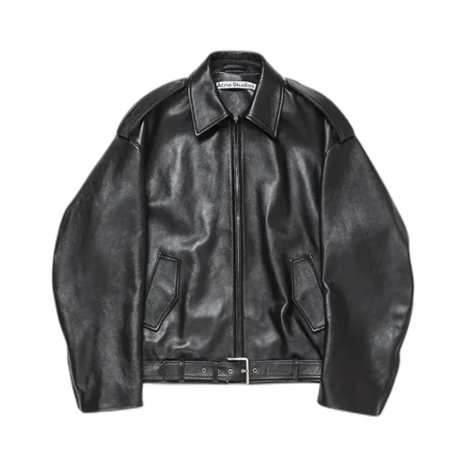 Buckle-Belt Zipped Leather Jacket