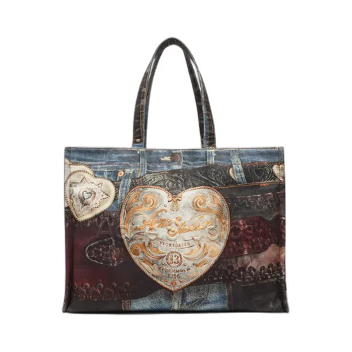 Denim-Patch Heart Top Handle Bag