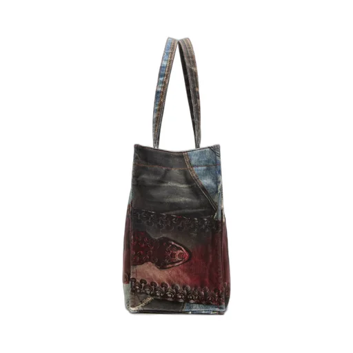 Denim-Patch Heart Top Handle Bag