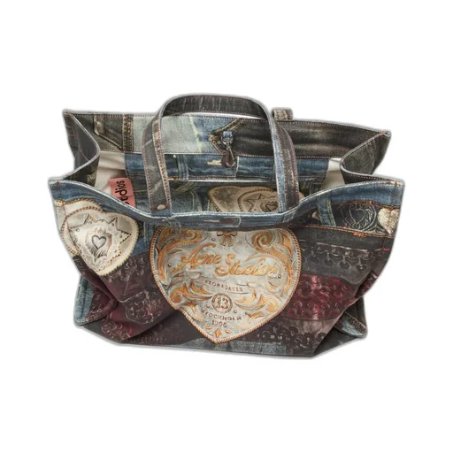 Denim-Patch Heart Top Handle Bag