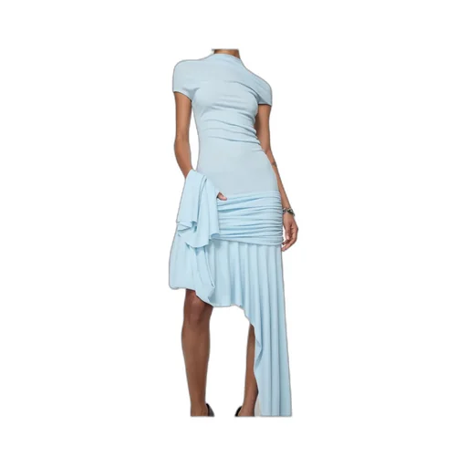 Short-Sleeved Draped Asymmetric Hem Dress